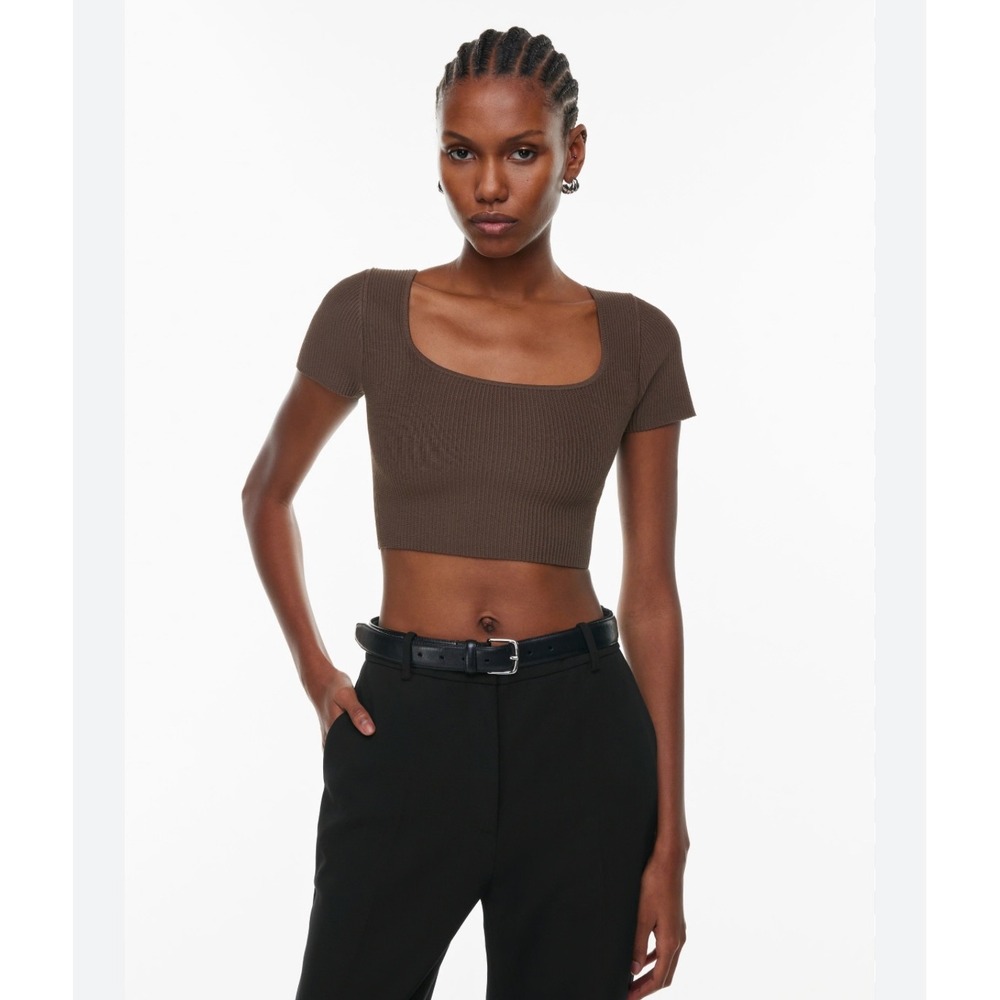 Babaton Aritzia Women's Square Neck Ribbed Knit Crop Top‎ Short Sleeve Brown XS